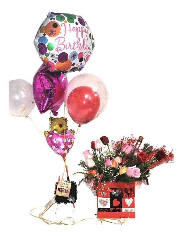 Arreglo De Lujo De 25 Rosas Con Espumante Y Globos De Helio - Imagen 2