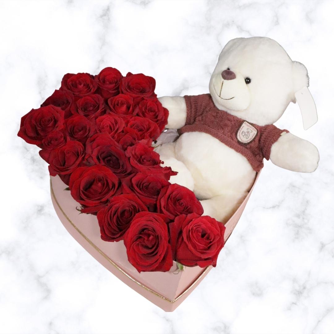 Caja corazón rosas y peluche - Flores a domicilio Santiago