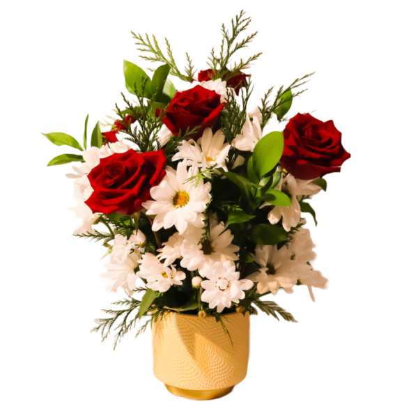 Bouquet de rosas rojas y margaritas en florero - Imagen 4