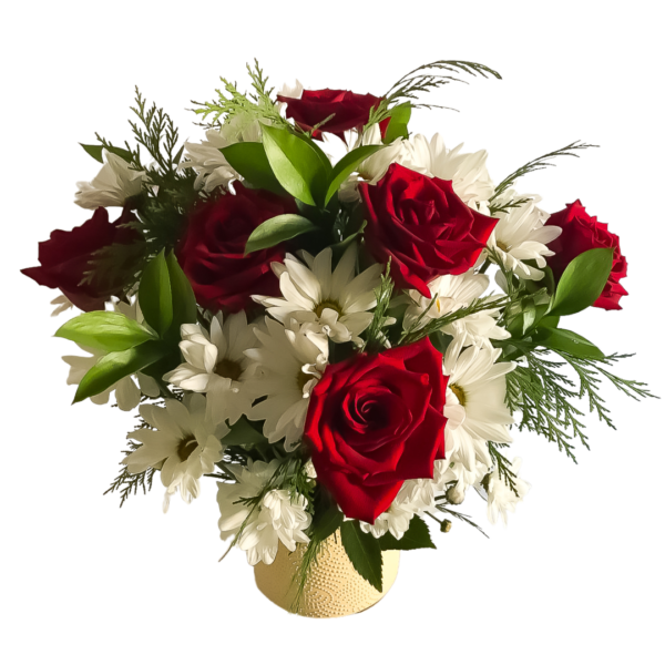 Bouquet de rosas rojas y margaritas en florero - Imagen 3
